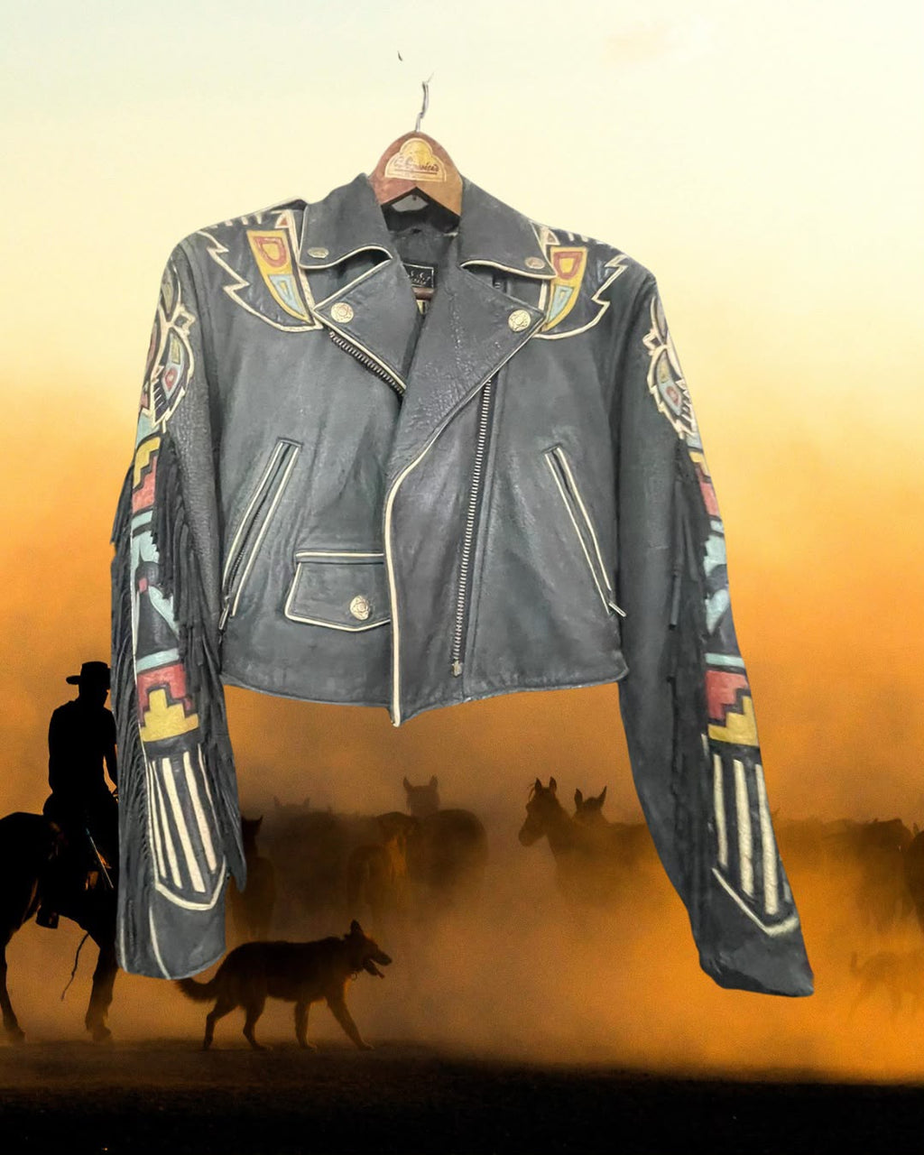 Jaqueta Vintage Nativo-Americana Exclusivos Baer em Couro com Franjas e Design Asteca – Anos 80
