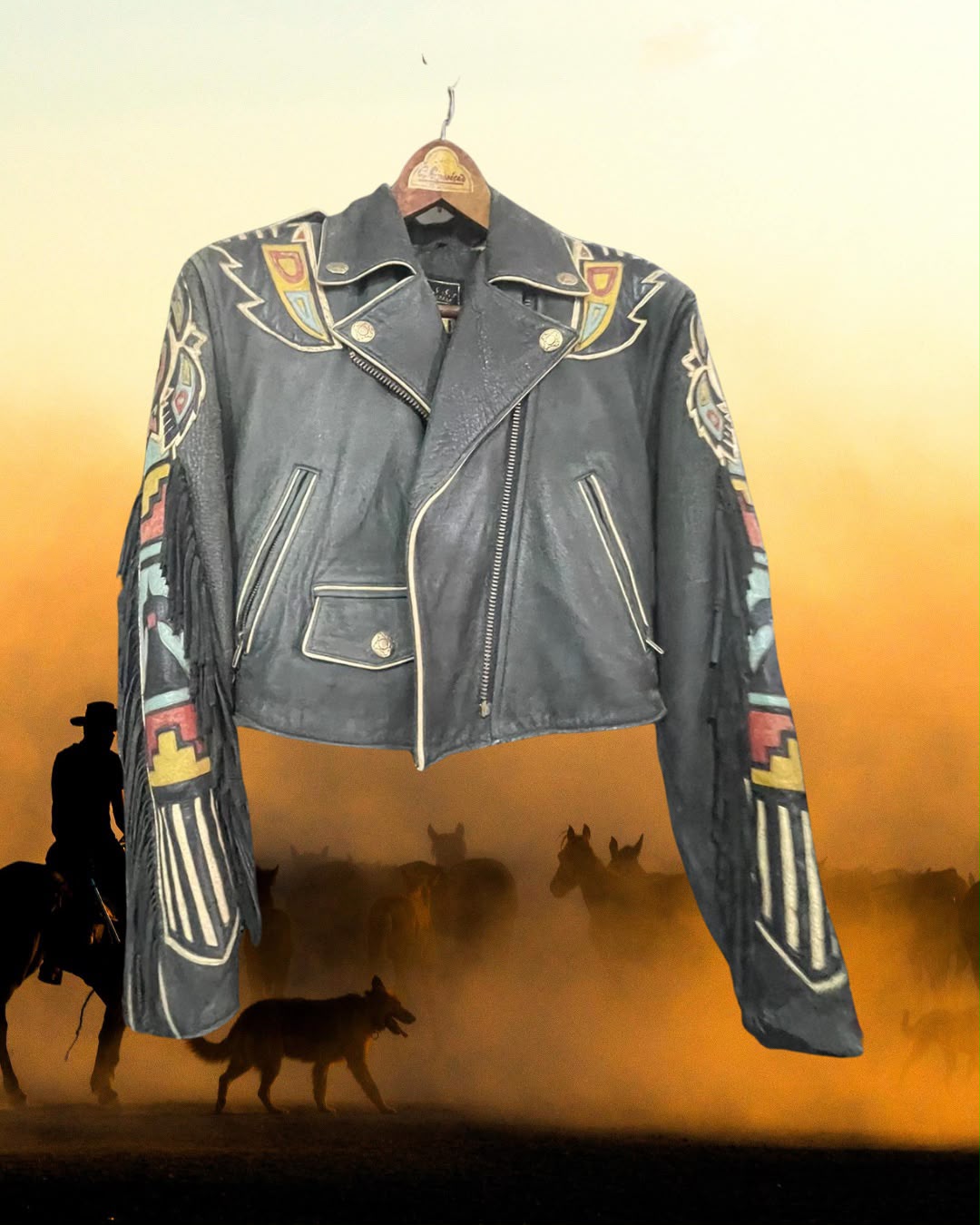 Jaqueta Vintage Nativo-Americana Exclusivos Baer em Couro com Franjas e Design Asteca – Anos 80