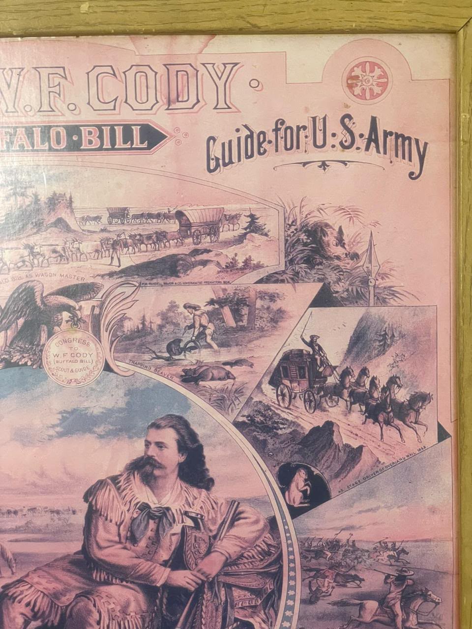 Quadro Buffalo Bill com Impressão Original de Época e Moldura de Madeira — Velho Oeste