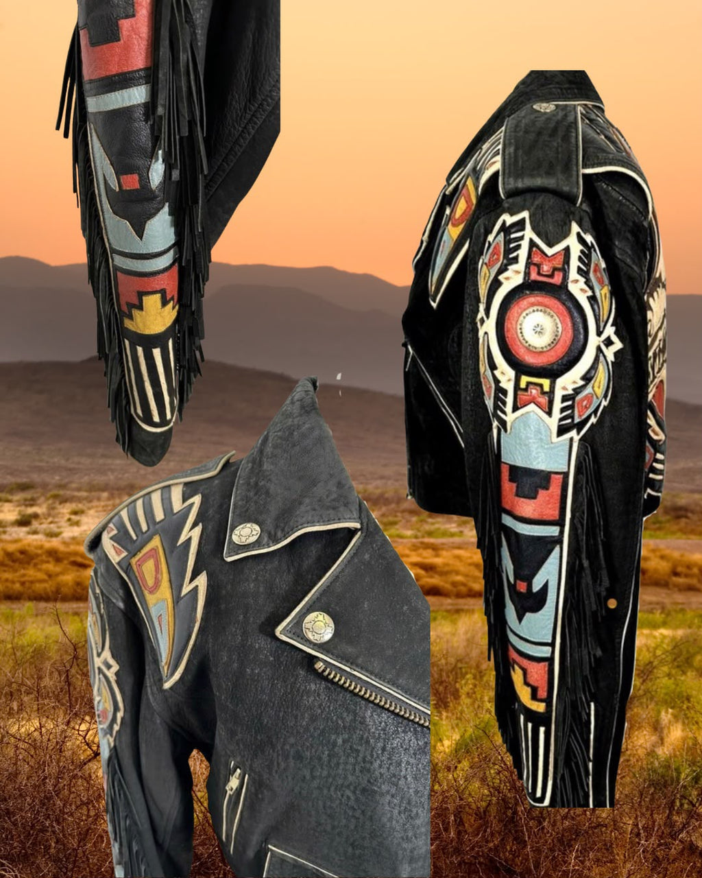 Jaqueta Vintage Nativo-Americana Exclusivos Baer em Couro com Franjas e Design Asteca – Anos 80