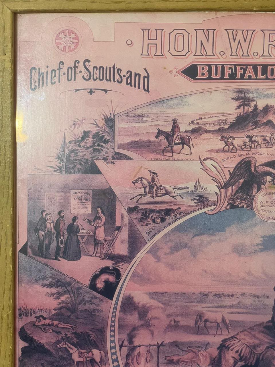 Quadro Buffalo Bill com Impressão Original de Época e Moldura de Madeira — Velho Oeste